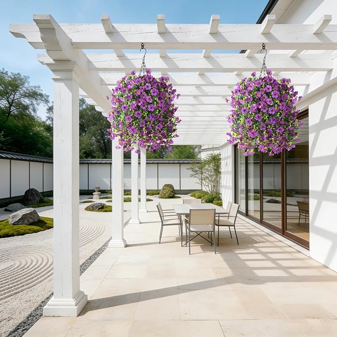 Artificial Flowers Hanging Baskets, 4 Bundles Outdoor Hanging Basket Spring Summer Decoration, No Fade Realistic Fake Flowers Plants for Porch Patio Balcony Home Yard Decor(Purple)