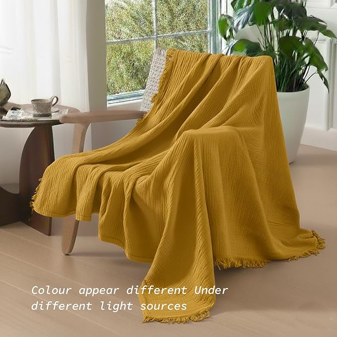 KyraHome 100% Organic Cotton Throw Blanket for Couch, 60"x80" Large Muslin Blankets for Adult, Couch, Plant Dyed Pre-Washed Breathable Gauze Warm, Fall Cotton Blankets, All Season (Mustard Yellow)
