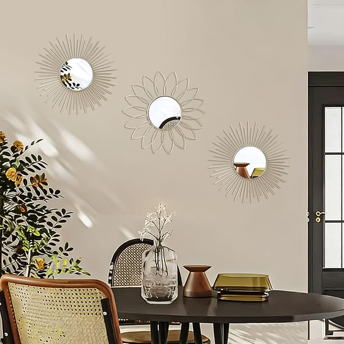 3 Pack Metal Mirrors for Wall Sunburst Wall Mirrors Home Décor Decorative Hanging Wall Art for Living Room Bedroom Entryway (Silver2, Flower+Sunburst)