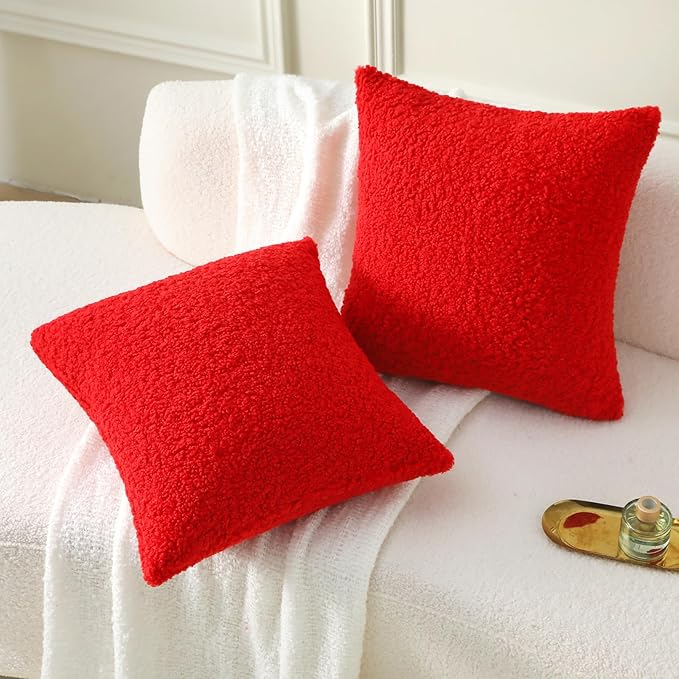 FUTEI Red Throw Pillow Covers 26x26 Inch Set of 2,Furry Faux Fur Teddy Boucle Textured Cushion Covers,Soft Fluffy Decorative Euro Pillow Shams,Home Decor for Couch Bed Living Room Office