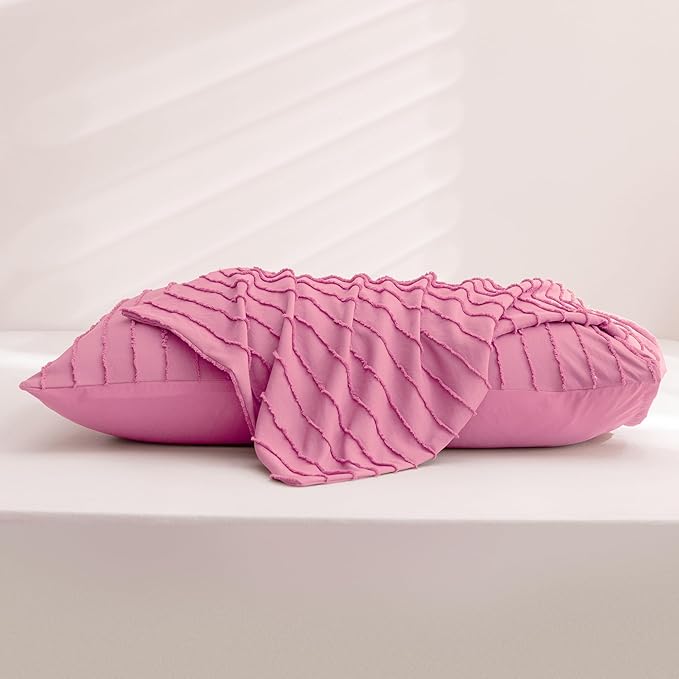 JELLYMONI Pillowcases King Size Bright Pink 2 Pack Boho Striped Bed Pillow Covers 20x36in Polyester Envelope Pillow Shams Tufted Bohemian Textured (Pillows are not Included)