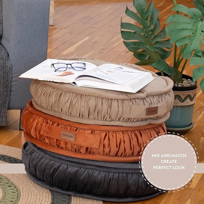 Round Floor Cushion, Floor Pillow Thick Floor Seating, Comfortable Supportive, Quilted Soft Booster Seat Pad for Yoga Meditation, Yoga Cushion, 56 cm 22 inch, Ibiza, Light Brown