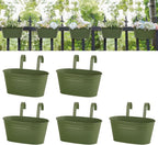 Dahey 10.5 Inch Metal Iron Hanging Flower Pots for Railing Fence Hanging Bucket Pots Countryside Style Outdoor Planter Window Flower Plant Holder with Detachable Hooks Home Decor,Green,5 Pcs