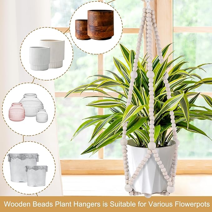 Hotfiary Wood Bead Garland Plant Hanger Flower Pot Holders with Wood Hook Handmade Boho Farmhouse Rustic Decor Indoor Outdoor Hanging Planter Basket Decorative (Pot Not Included)