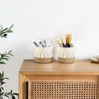 Mkono Macrame Makeup Brush Holder Organizer Comb Brushes Mini Storage Basket Set of 2 Boho Decor Baskets for Pen Pencil Box Container,Yellow and White