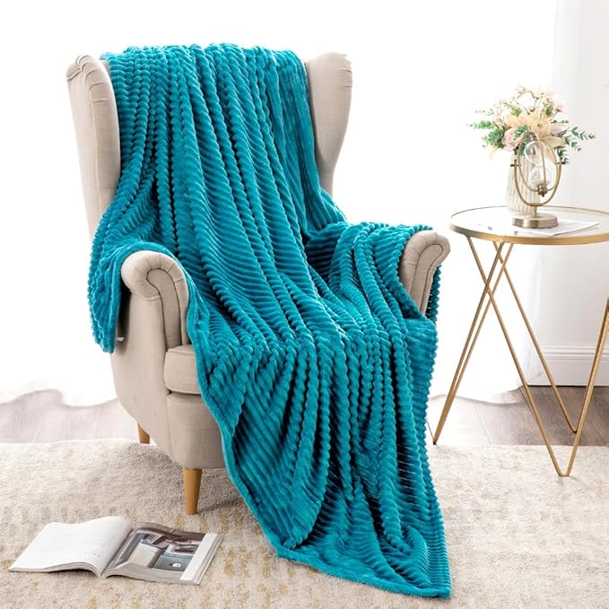 MIULEE Teal Throw Blanket 3D Ribbed Jacquard Fleece Flannel Velvet Plush Decorative Bed Blanket (Throw, 50" x 70") - Super Soft, Lightweight, Warm and Cozy for Couch Sofa, Turquoise Blue