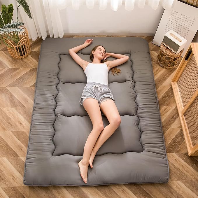 MAXYOYO Japanese Floor Mattress Futon Mattress, 4" Thicken Tatami Mat Sleeping Pad Foldable Roll Up Mat Boys Girls Dormitory Pad Kids Floor Lounger Pillow Bed, Charcoal Grey, Full Size