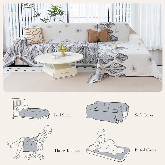 Floral Couch Cover Blanket, Botanical Couch Blanket Cover, Sofa Cover Blanket for Dog, Chenille Sofa Covers Washable, Medium Couch Covers for Recilner&Chair(1pc/Grey/71×134")