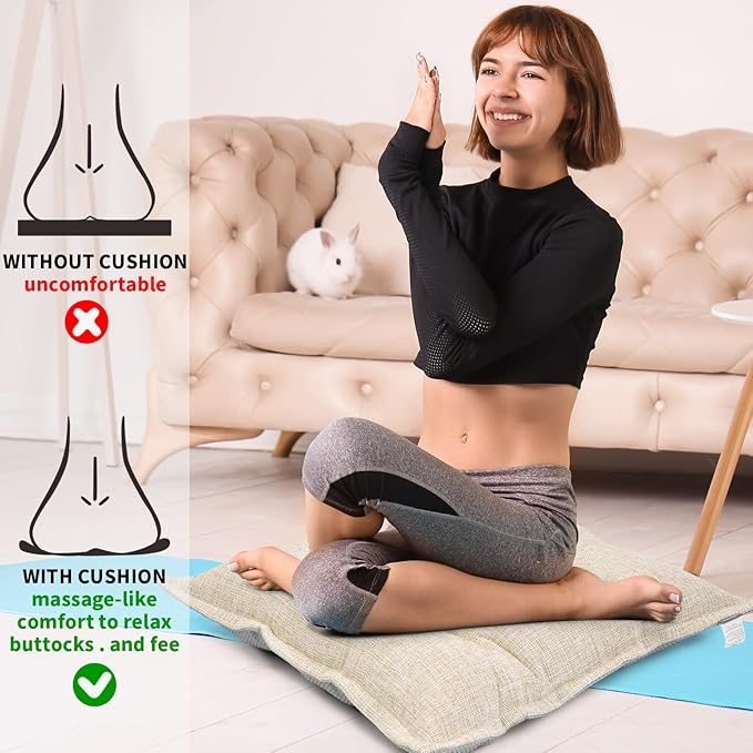 SINSOSSO Large Floor Pillows 22", Thickened Bite-Size Memory Foam Square Non-Slip Cushions for Office Back Support/Yoga/Chair Seat, Fashionable Color-Blocked Fabric & Washable, Beige, 2 PCS
