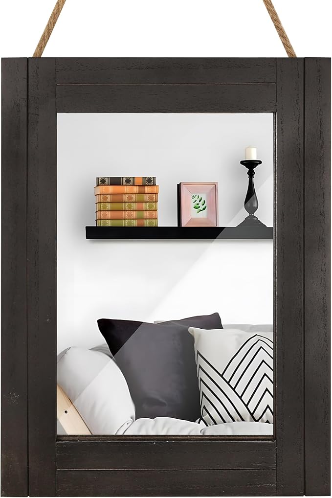 DECORKEY Rectangle Wall Mirror for Bathroom, Distressed White Wood Decor with Hanging Rope for Rustic Home Decor, Vanity, Living Room 12"×16"（Black）
