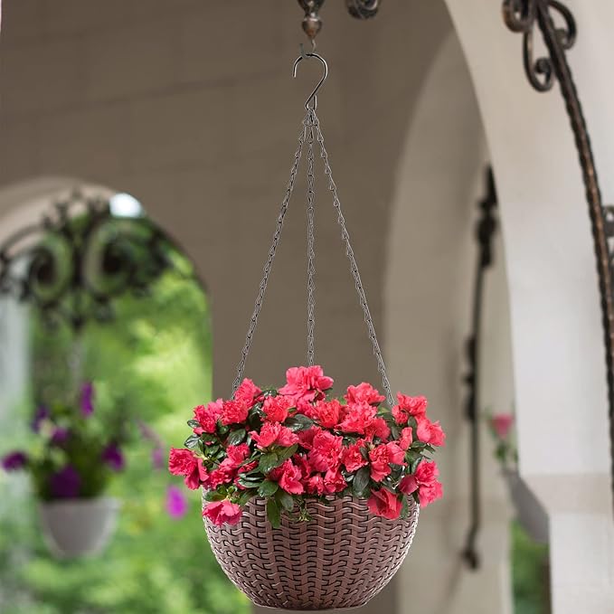 Foraineam 10.2 Inches Round Basket Hanging Planter Dual-pots Design Garden Flower Plant Pots Hanging Planter Baskets with Drainer and Chain for Indoor Outdoor Use