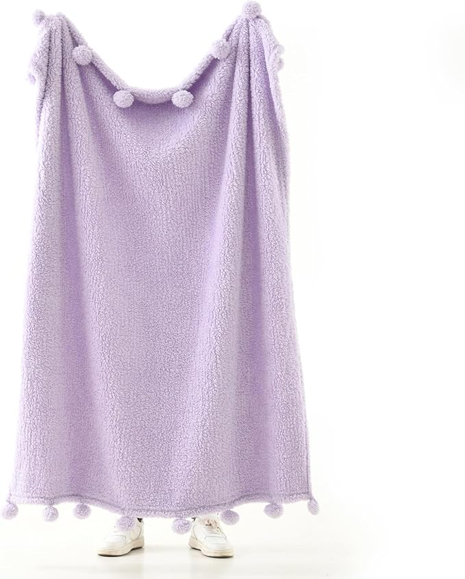HORIMOTE HOME Ultra Soft Cozy Sherpa Throw Blanket with Pompom Fringe, Light Weight Warm Decorative Boho Style Plush Throw Blanket Cover for Couch, Sofa, Bedroom,Travel, Outdoor, 60”x80”, Purple