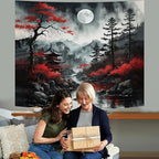 Atrippy Anime Wall Tapestry for Bedroom Aesthetic, Black Forest Japanese Moon Tapestry Wall Hanging, Vintage Nature Mountain Art Decor Dark Landscape Backdrop for Living Room 51"X60"