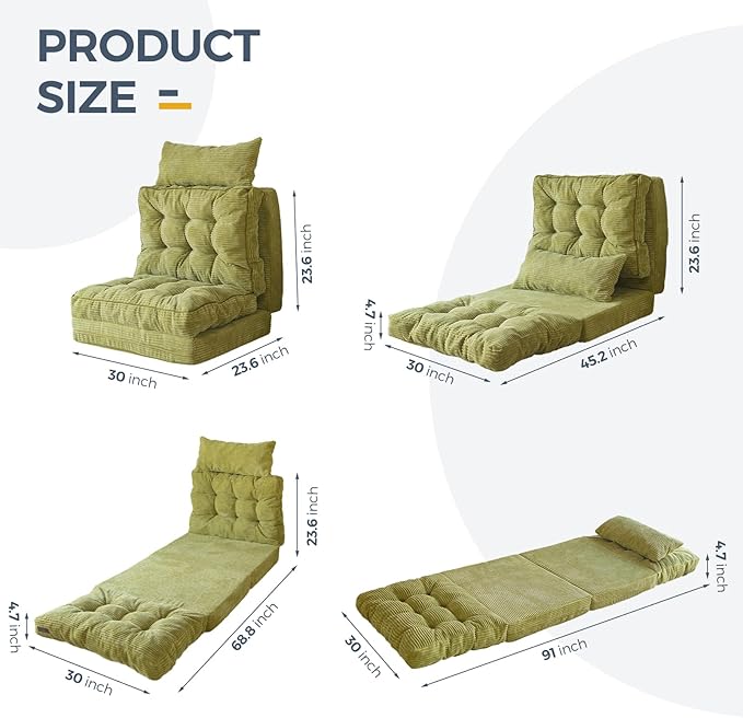 MAXYOYO Folding Sofa Bed, Tufted Bean Bag Bed with Pillows Floor Mattress for Adults, Extra Thick and Long Floor Sofa, Single Couch for Bedroom Living Room, Green, 30x91 Inch