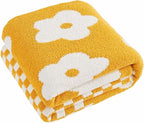 Checkered Throw Blanket, Yellow Flower Blanket for Couch, 60"x80" Soft Plaid Knit Blanket for Home Decor, Reversible Checkerered Blankets for Sofa, Chair, Bed