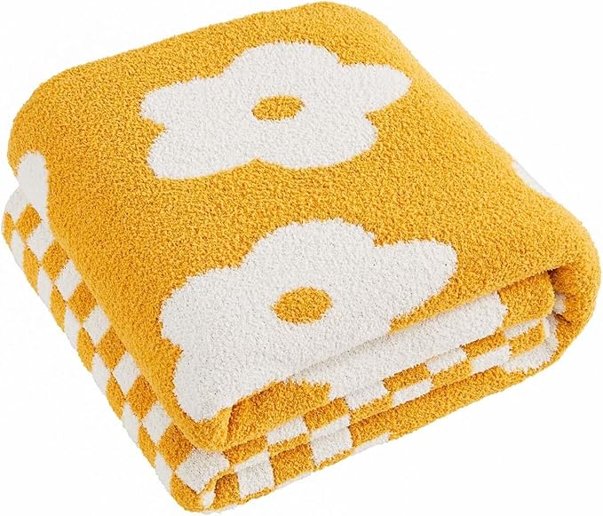Checkered Throw Blanket, Yellow Flower Blanket for Couch, 60"x80" Soft Plaid Knit Blanket for Home Decor, Reversible Checkerered Blankets for Sofa, Chair, Bed