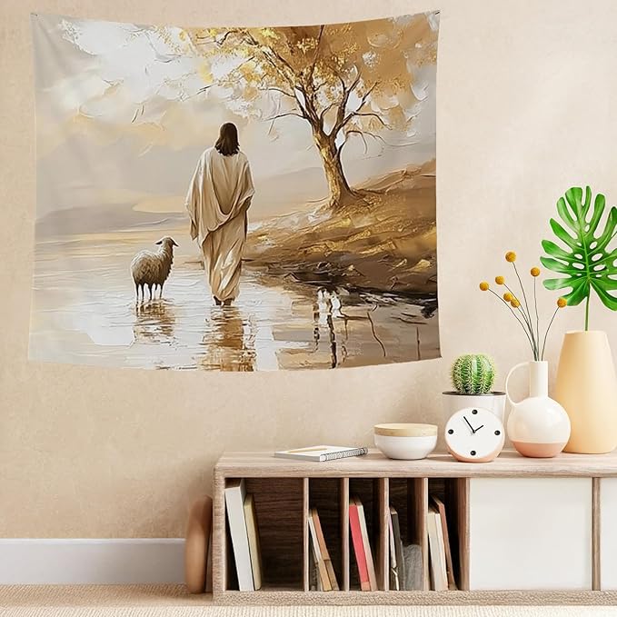 bitCNY Jesus and Sheep Tapestry 60x50 Inches – Autumn Christian Wall Art, Religious Home Decor, Pastoral Faith Tapestry for Living Room Bedroom