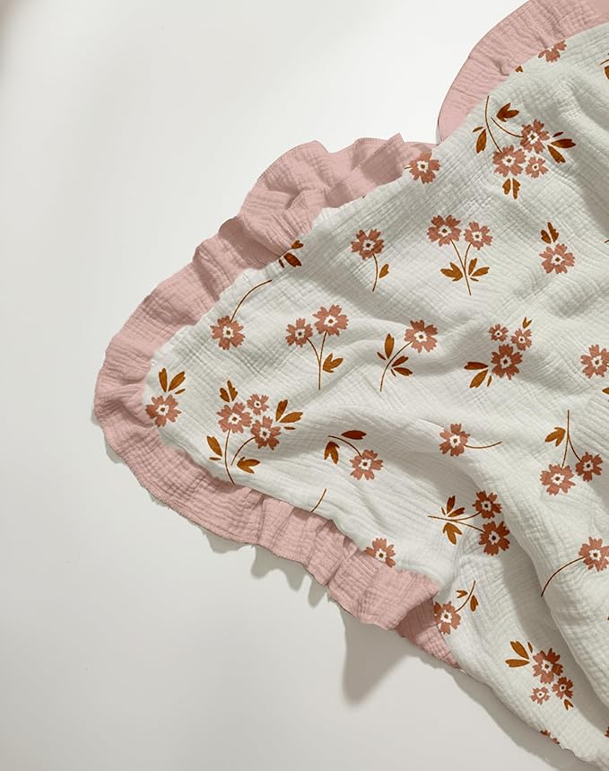 Muslin Ruffled Baby Blanket, Extra Large 52 x 52 Inches, Soft Breathable Cotton Crib Blanket for Newborn Infant Toddler (Floral & Pink-Ruffled, Printed)