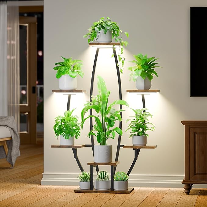 JUSTOGO Plant Stand Indoor with Grow Lights - 7 Tiered Large Plant Shelf Indoor, 47" Corner Plant Stands for Indoor Plants Multiple, Metal Plant Rack Flower Holder Display for Living Room, Home Decor