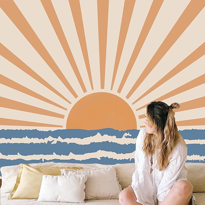 Atrippy Boho Hippie Sun Wall Tapestry for Bedroom Aesthetic, Bohemian Retro 70s Tapestries Hanging, Vintage Indian Sunset Sea Wave Art Poster for Living Room Dorm Decor (51" X 60")