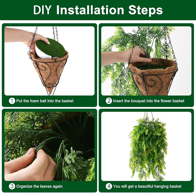 Artificial Faux Hanging Plants Basket for Spring Outdoor Summer Decoration, Fake Seaweed Plant UV Resistant Look Real for Outside Porch Home Patio Balcony Yard(Dark Green)
