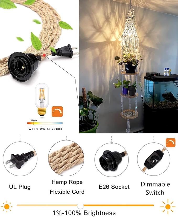 Boho Plug in Pendant Light Hanging Light with Plug in Cord,Dimmable Switch Hanging Lamp Macrame Lamp Shade and Plant Holder Shelf Indoor for Bohemian Decor Bedroom Corner Living Room