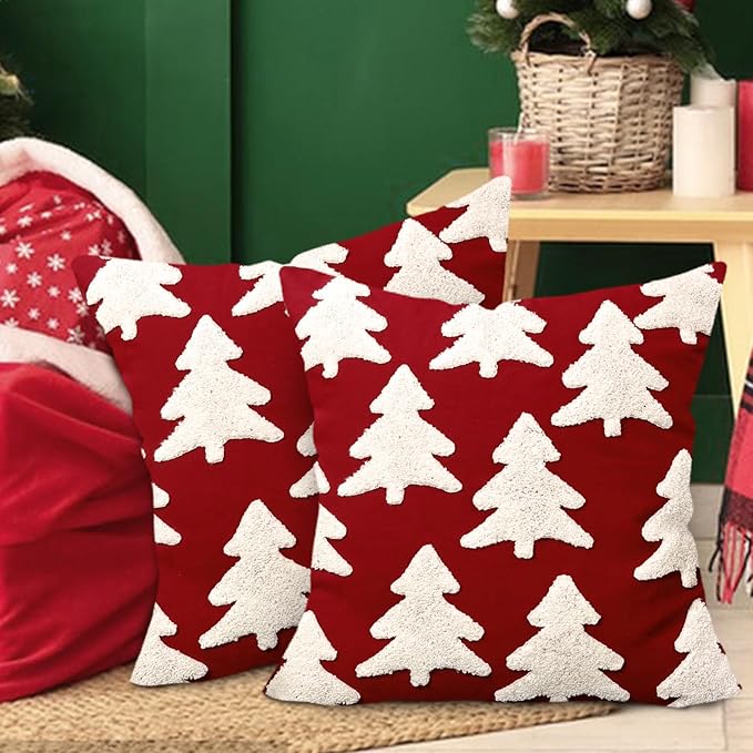 Red Christmas Tree Embroidery Decorative Throw Pillow Covers 18 x 18 Set of 2, Xmas Pine Trees Tufted Porch Outdoor Home Decor, Winter Holiday Plush Faux Fur Jacquard Sofa Couch Cushion Case