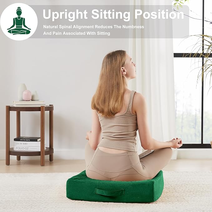 22 inches Floor Pillow for Adults - Large Meditation Cushion with Thick Foam - Premium Outdoor Square Floor Cushion Seat - Yoga Pillow for Sitting On Floor - Green