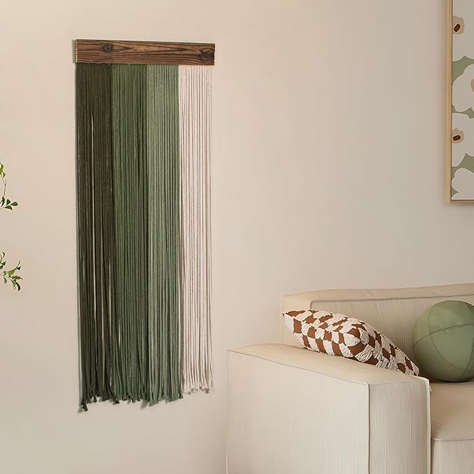 HVEST Green Macrame Wall Hanging Boho Wall Decor Green and Beige Yarn Wall Art for Living Room Bedroom Office Nursery Apartment Yoga Room Decor, 38.5L X 15.7W inches