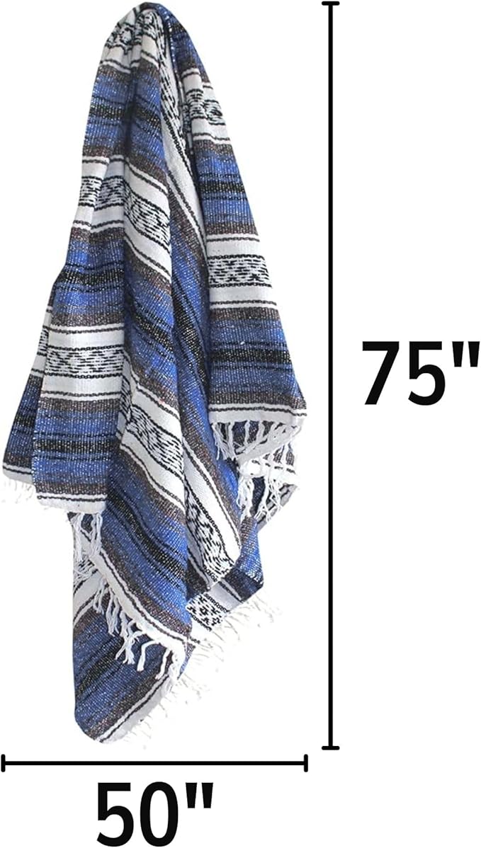 Del Mex Classic Mexican Blanket, Large Authentic Woven Falsa Throw (70"x50"), Artisan Southwest Décor for Beach, Yoga, Outdoors (Navy Blue)