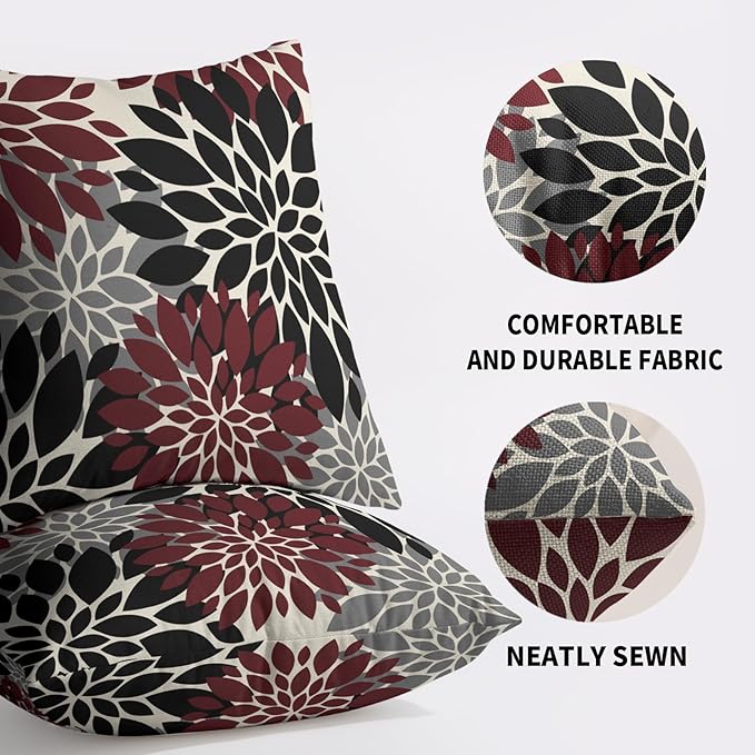 Black Burgundy Pillow Covers 16X16 Inch Set of 2, Spring Summer Floral Dahlia Flower Cream Decorative Throw Pillow Covers Outdoor Modern Farmhouse Cushion Case for Home Couch Sofa Bed Decor