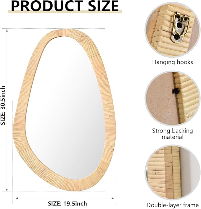 Rattan Mirror for Wall,30.5'' x 19.5" Wooden Framed Farmhouse Boho Wicker Coastal Irregular Vanity Mirror for Bathroom Living Room Entryway