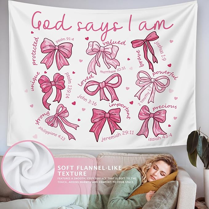 LIANGW Pink Coquette Bow Christian Tapestry, Indoor Outdoor Wall Art Tapestry for Bedroom, Inspirational Christian Tapestries for Women, Girl Room Decoration Living Room Bedroom 50x60 inches