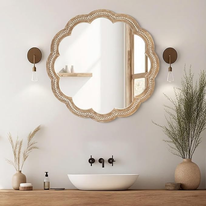30 Inch Round Wall Mirror, Antique Brown Solid Wood Frame with Wavy Scalloped Edge & Beaded Trim, Vintage Farmhouse Decorative Mirror for Bedroom, Bathroom, Living Room, Entryway