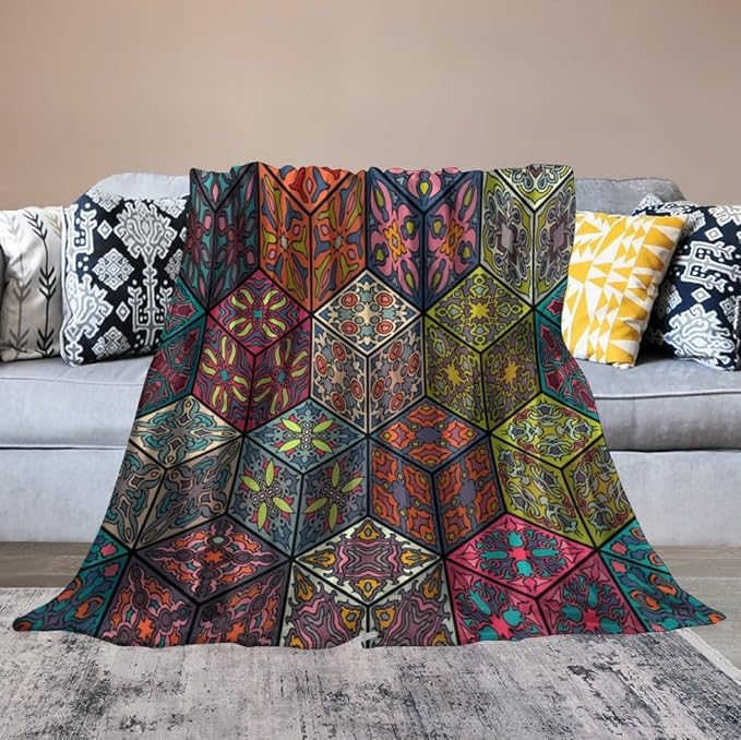 Hippie Bohemian Mandala Throw Blanket Indian Flower Floral Texture Print Blanket for Sofa Bed Couch Chair Or Dorm 70"x80"