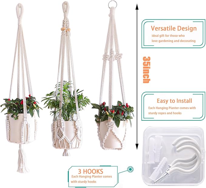 3 Pack Macrame Plant Hangers Handmade Woven Boho Hanging Planters for Indoor Plants Window Balcony Home Decor