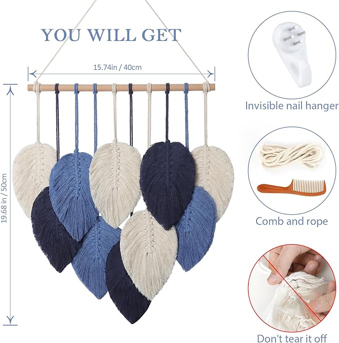 Weldomcor Macrame Wall Hanging Leaves Chic Woven Leaf Tassels Decoration Cotton Ornaments Tapestry Room Decor Modern Bohemian Handmade Feather Wall Art Decorations for Apartment Backdrop (Navy Blue)