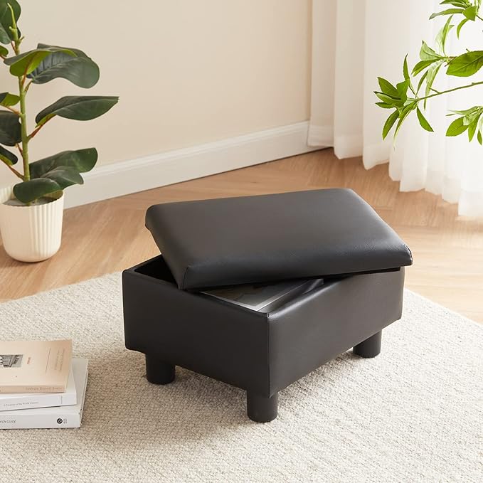 Small Foot Stool Under Desk Foot Stools Ottoman Footstool Foot Stools Small Footstools Foot Stool for Living Room Foot Rest 15" W x 12" D x 9.5" H Faux Leather Black