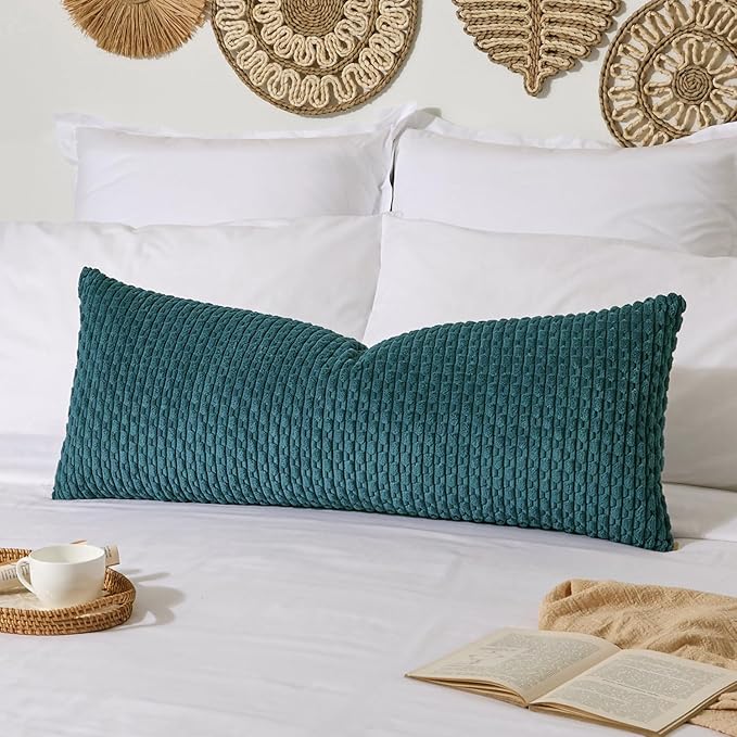 Kevin Textile 20x54 Inch Long Body Lumbar 1 Pack Boho Decorative Throw Pillow Cover Soft Striped Corduroy Rectangle Cushion Case Farmhouse Accent for Living Room Couch Sofa Bed, Teal Blue