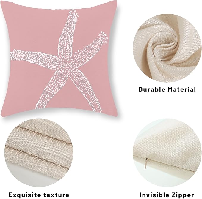 Coastal Pillow Covers 18x18 Inch Set of 2, Pink Coral Starfish Throw Pillows Nautical Ocean Decorations Beach Pillowcase Outdoor Decor Linen Farmhouse Cushion Case for Home Sofa Living Room