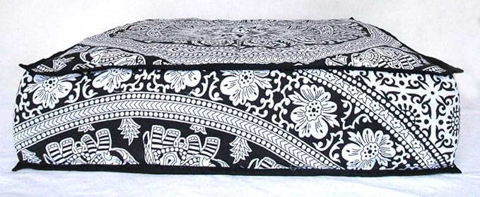 Black White Elephant Flower Mandala Mandala Barmeri Large Floor Pillow Cover Cushion Meditation Seating Ottoman Throw Cover Hippie Decorative Zipped Bohemian Pouf Ottoman Cases 24 " square