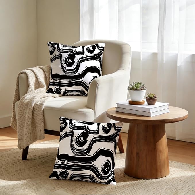 Abstract Black and White Brush Stroke Throw Pillow Covers 18x18 Set of 2, Modern Geometric Art Cushion Cases, Minimalist Boho Decorative Pillowcases for Farmhouse Sofa Couch Living Room Bedroom Decor