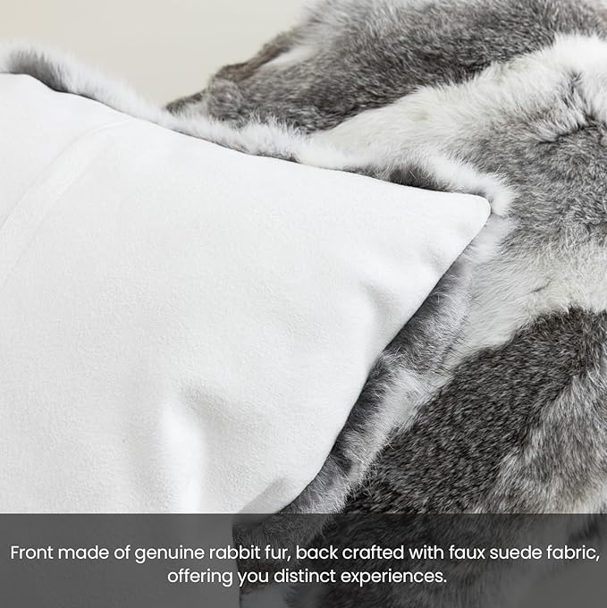 MOOX Rabbit Fur Throw Pillow Covers Decorative Fluffy Soft Fuzzy Plush Luxury Genuine Animal Skin Lumbar Pillow 12"x20" Cushion Cover, Couch-Grey White