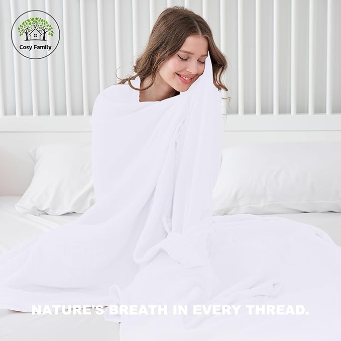 Cosy Family 4 Layer Muslin Bed Blanket - Breathable and Lightweight Gauze Boho Blanket for Spring, Soft 100% Cotton Muslin, White, 55x80 Inches