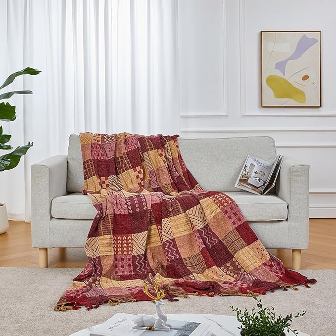amorus Bohemian Throw Blanket (Red Plaid, 86 x 102 in)