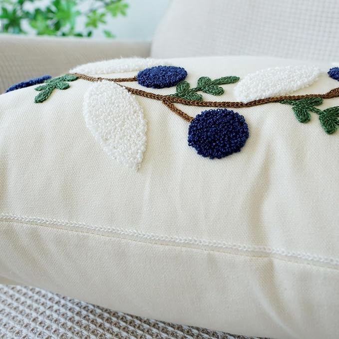 vctops Floral Embroidered Pillow Covers 18x18 Inch Spring Summer Cotton Tufted Throw Pillow Cover Outdoor Garden Cushion Case for Sofa, Bed, Living Room (Flower A,18"x18")