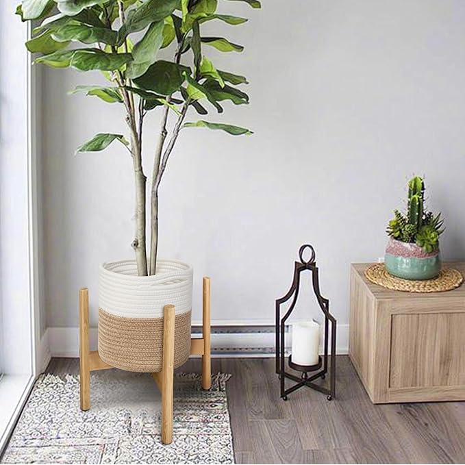 Small Wicker Plant Basket Indoor, 8"x8" Jute Spliced Cotton Rope Basket Planter Up to 7" Pot, Modern Flower Tree Pots Cover, Small Floor Woven Planters, Home Decor Storage Bin