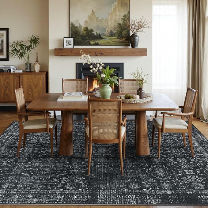 5x7 Area Rugs for Living Room Bedroom, Washable Rug, Black Vintage Floral Boho Rug, Non Slip & Low Pile Faux Wool Thin Carpet for Indoor Dining Room and Kids Room(Black 5x7ft)