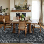 5x7 Area Rugs for Living Room Bedroom, Washable Rug, Black Vintage Floral Boho Rug, Non Slip & Low Pile Faux Wool Thin Carpet for Indoor Dining Room and Kids Room(Black 5x7ft)