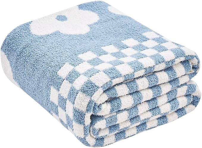 Checkered Throw Blanket, Dusty Blue Super Soft Knit Breathable Throw Blanket, Cozy Fluffy Reversible Checkerboard Flower Fuzzy Blanket for Couch Sofa Bed Living Room Decor 50 x 60 inch